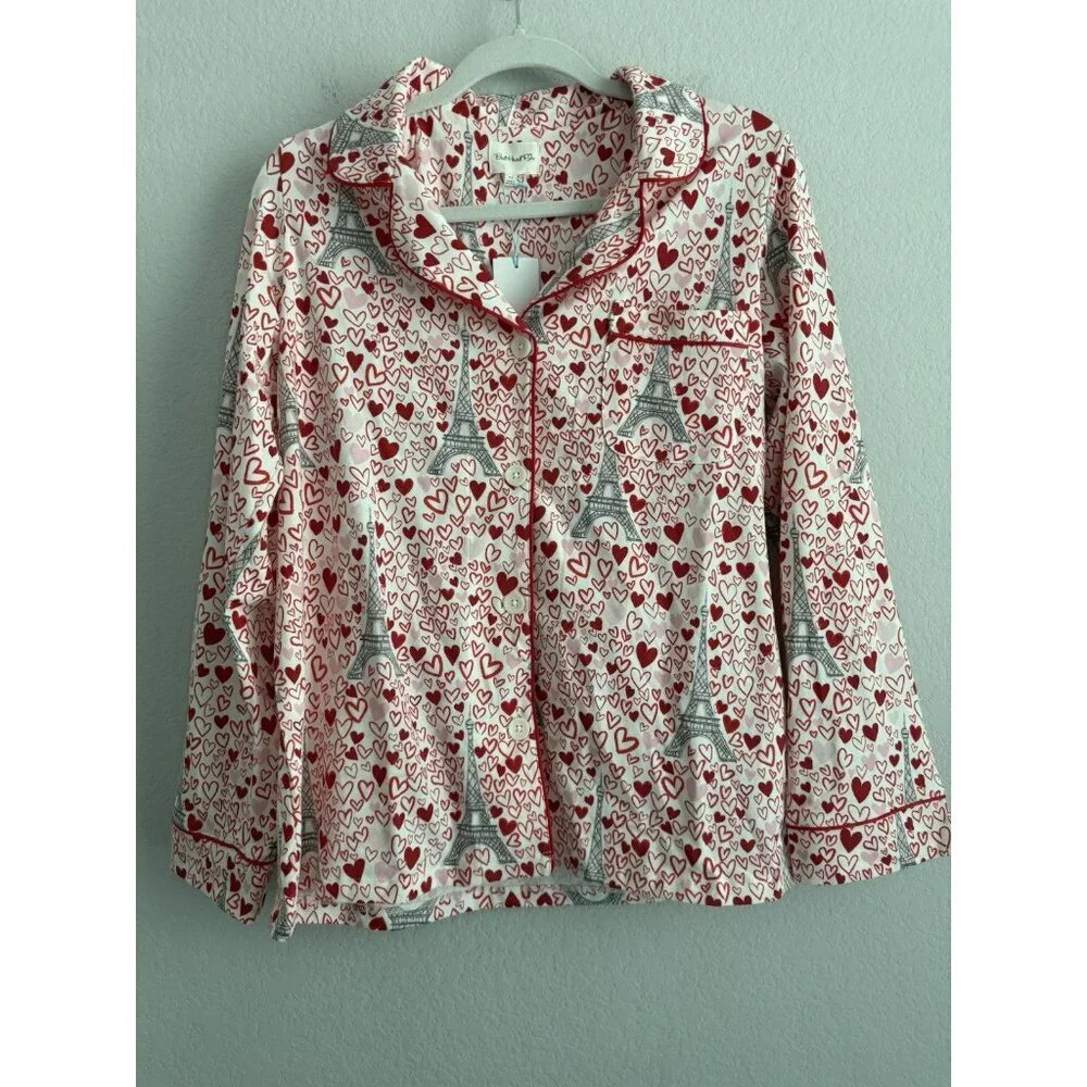 BedHead Women's Long Sleeve Button Down Pajama Top Heart Eiffel Notch Size M NEW